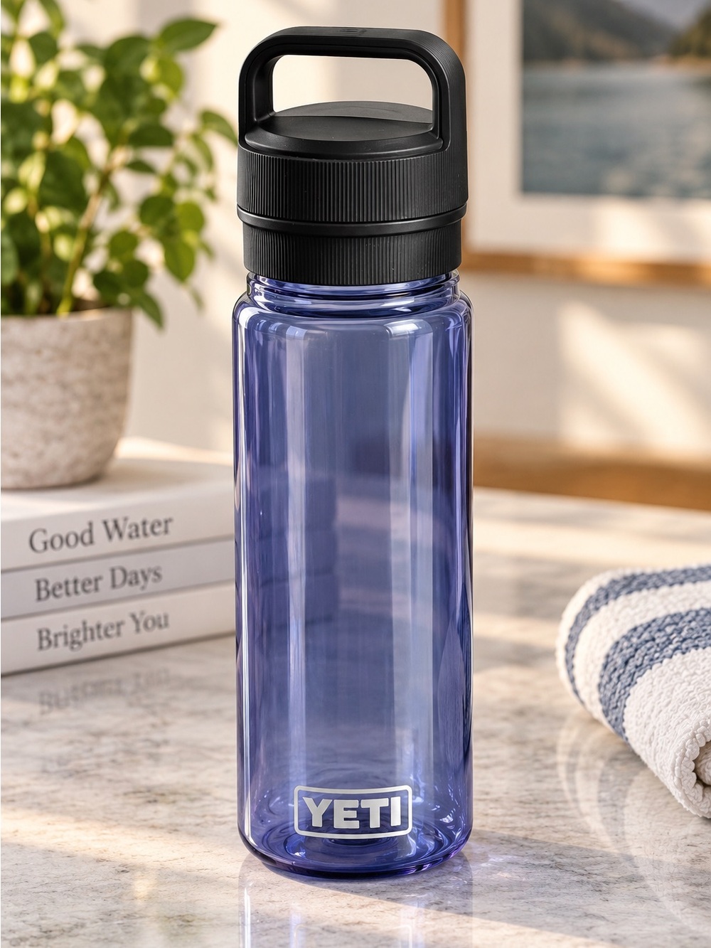 YETI Yonder Blue Water Bottle with Tether Cap Like New